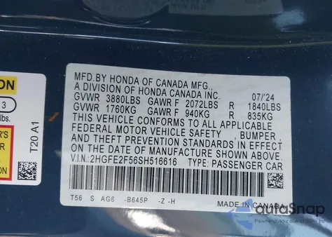 2025 Honda Civic Sport из США, поврежденный, VIN 2HGFE2F56SH516616